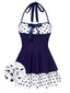 Robe de bain dos nu patchwork à pois bleus années 40
