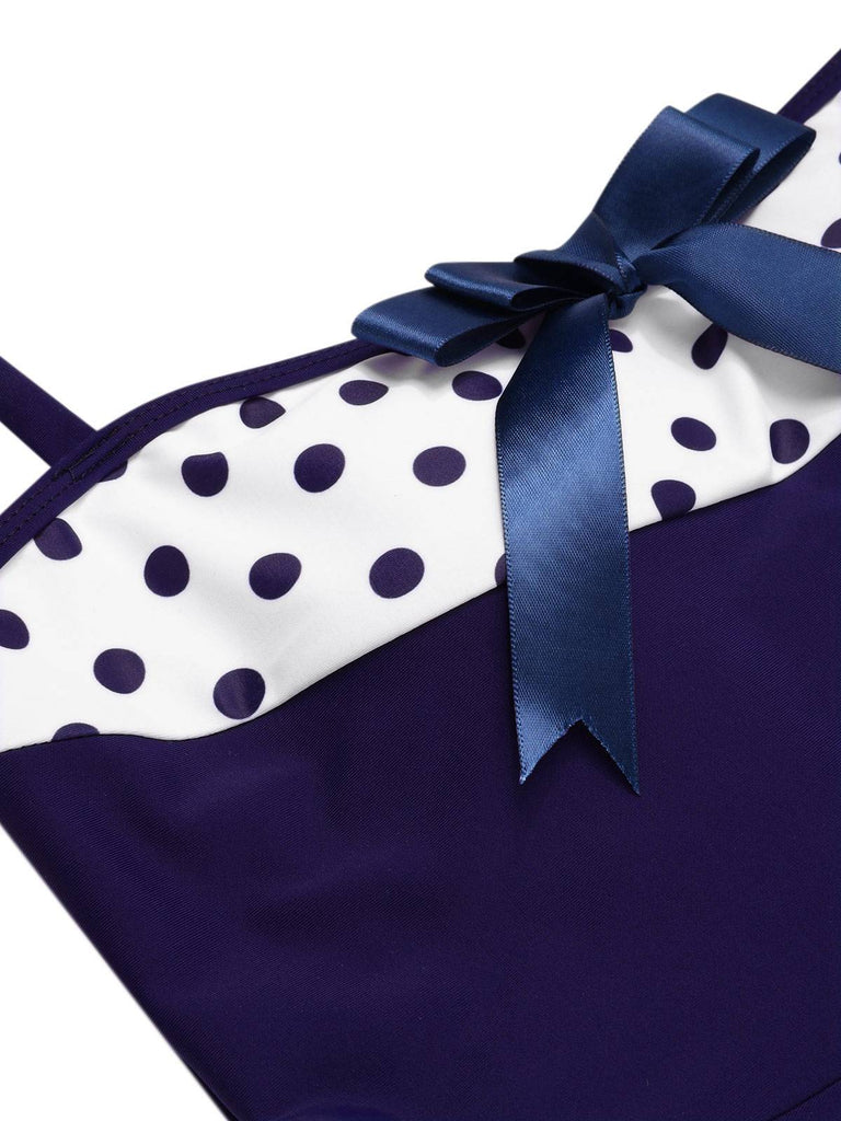 Robe de bain dos nu patchwork à pois bleus années 40