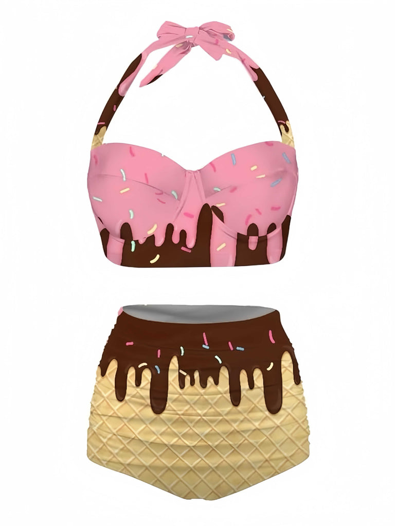 Bikini dos nu à lacets rose imprimé glaces années 1970