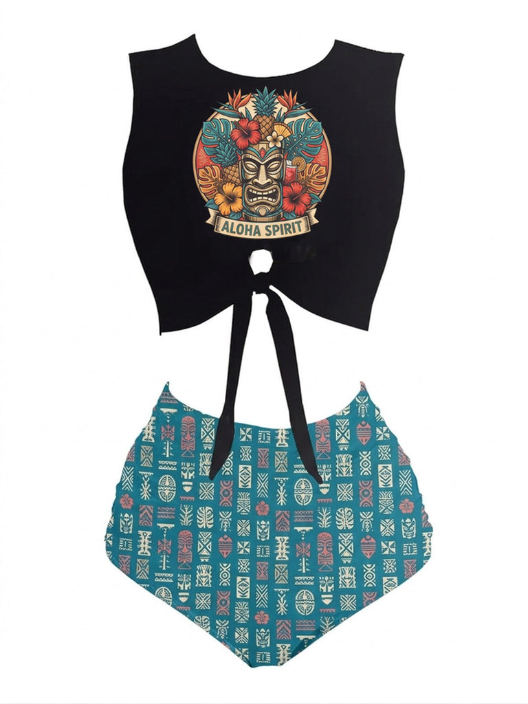 Ensemble tankini vert squelette de plage avec nœud sur le devant années 1980