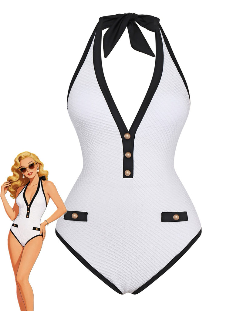 Maillot de bain dos nu col V boutonné 1950s
