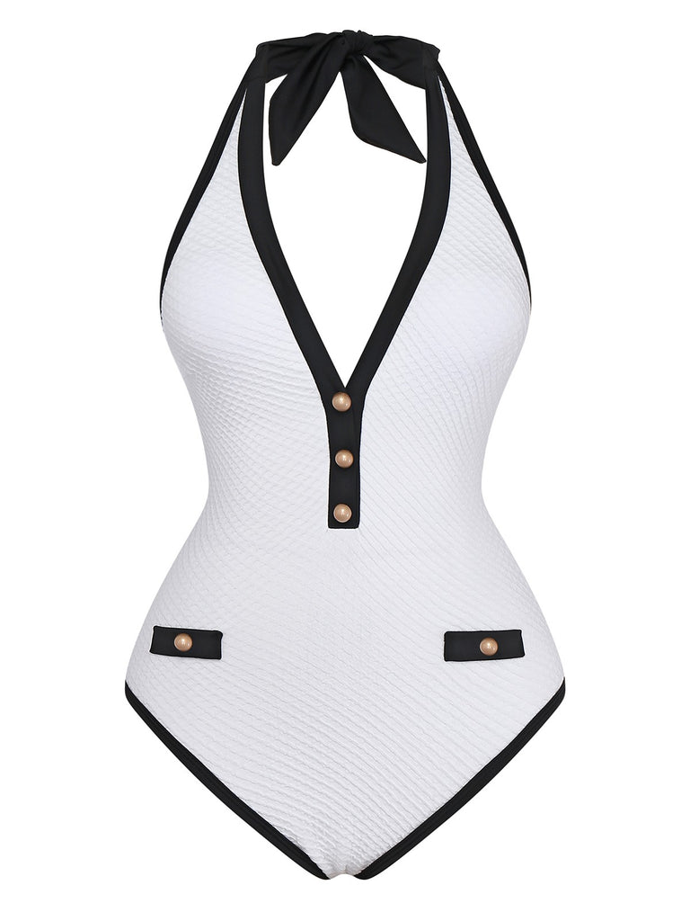 Maillot de bain dos nu col V boutonné 1950s