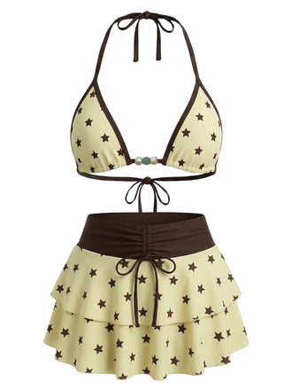 Ensemble bikini rose fraise imprimé floral nouer sur le devant volants années 1960