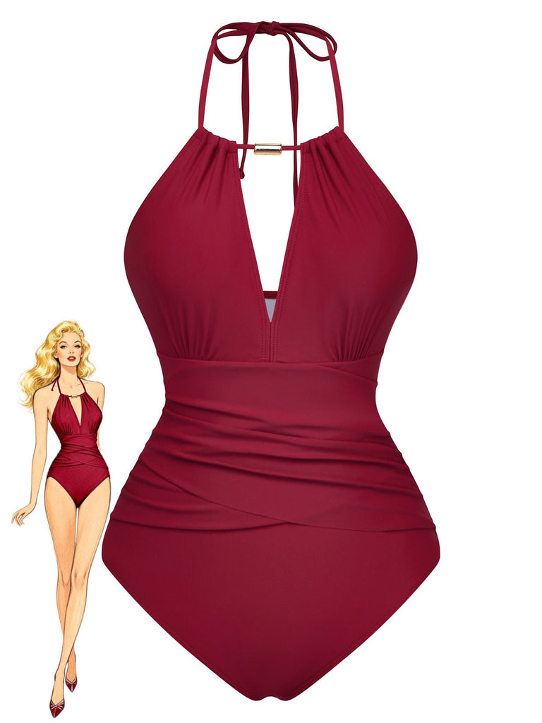 Maillot De Bain Une Pièce Bretelles Nues Col V Profond Froncé Année 1940