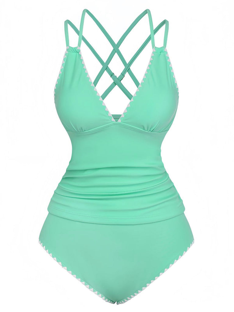 Ensemble De Tankini Colorblock Col V Profond Dos Épinglé Année 1940
