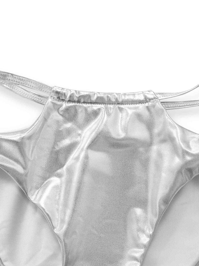 Ensemble De Bikini Argenté Holographique Paillettes Franges Année 1970