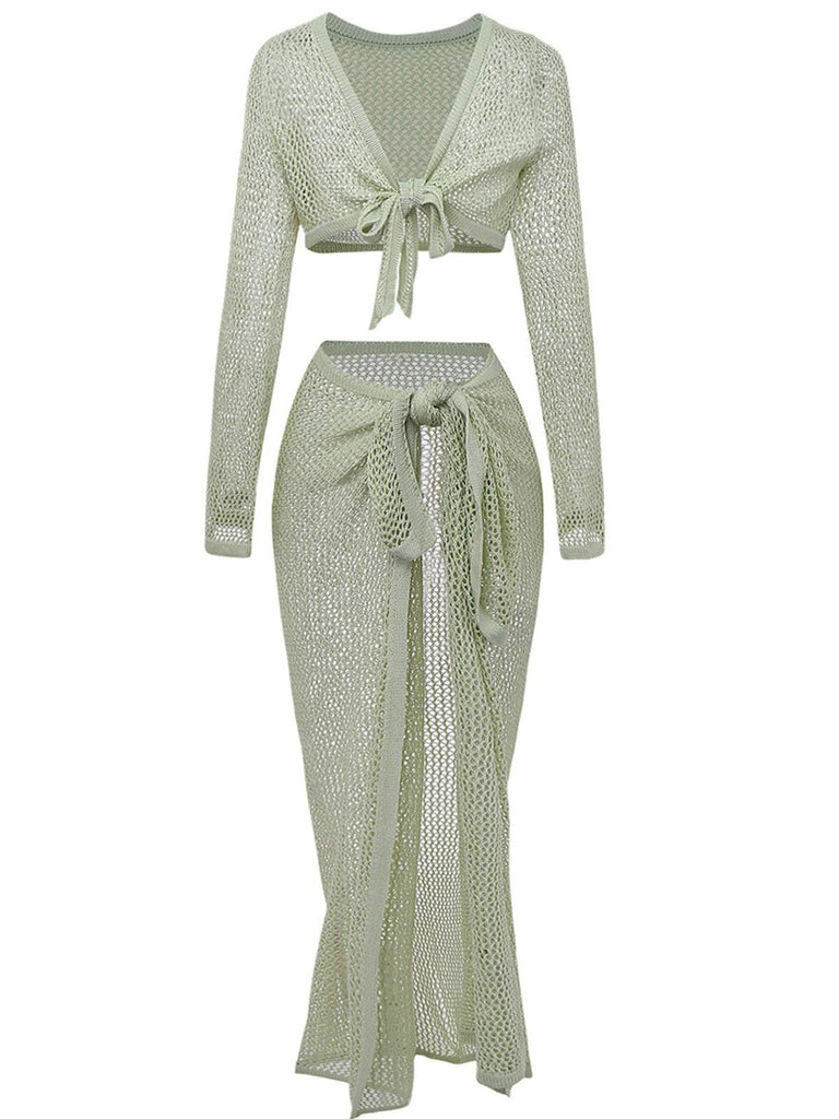 2PCS Ensemble de paréo de plage vert à manches longues en crochet années 1960