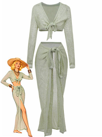 2PCS Ensemble de paréo de plage vert à manches longues en crochet années 1960