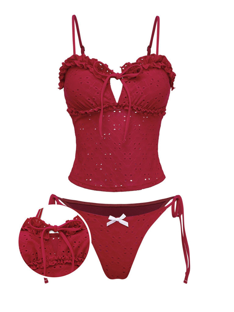 Ensemble tankini rouge à volants brodés années 60