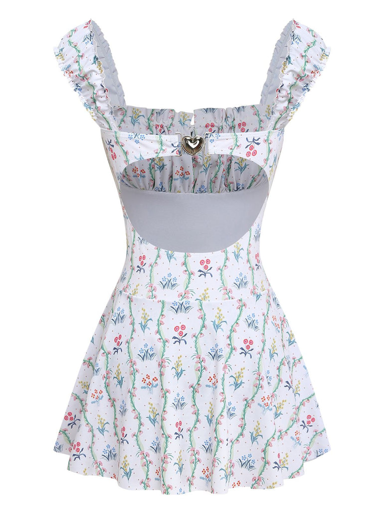 Maillot de bain volants fleurs carré blanc 1970s