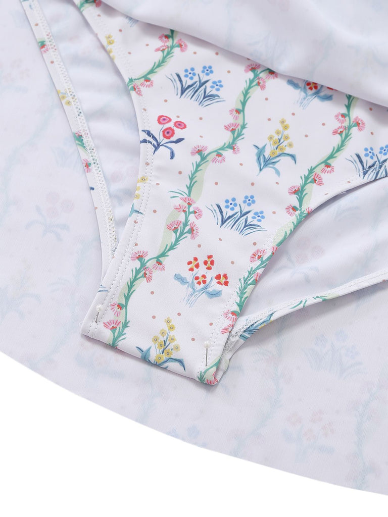 Maillot de bain volants fleurs carré blanc 1970s