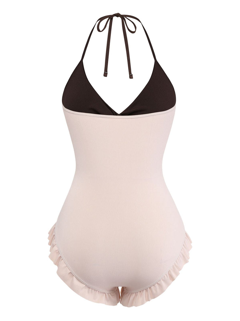 Maillot de bain taille haute volants rose 1940s
