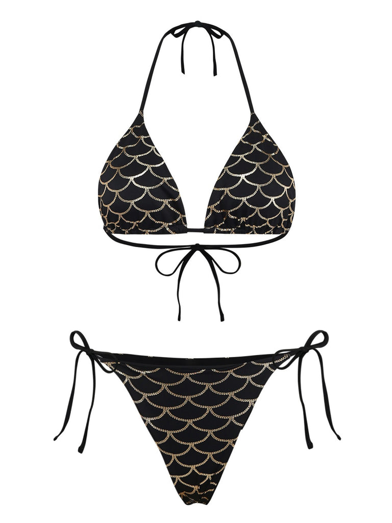 Ensemble bikini écailles sirène dos nu Noire Doré années 1970