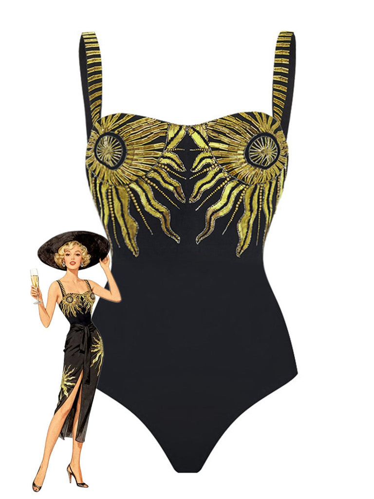 Maillot de bain et paréo dos nu à paillettes noires motif tournesol années 1950