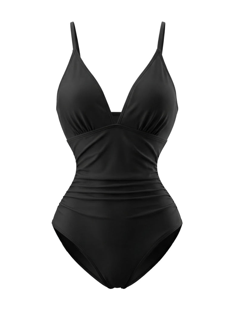 Maillot de bain une pièce fronces et col V fleuri années 1980