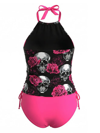 Rose Pêche Crâne Rose Imprimé Ensemble Tankini Années 1980 2