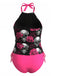 Rose Pêche Crâne Rose Imprimé Ensemble Tankini Années 1980 2