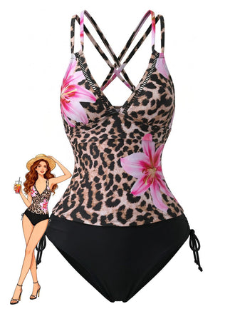 Ensemble tankini patchwork floral à col en V années 1950