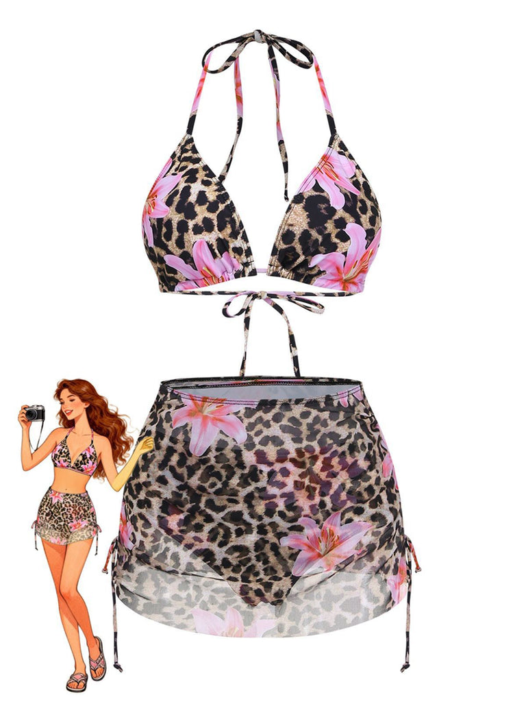 3PCS Ensemble bikini fleuri à imprimé léopard années 1960