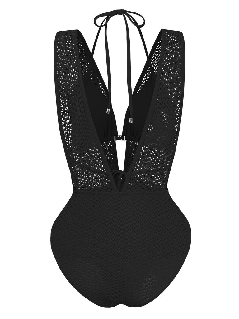Maillot de bain dos nu en maille noire années 1950