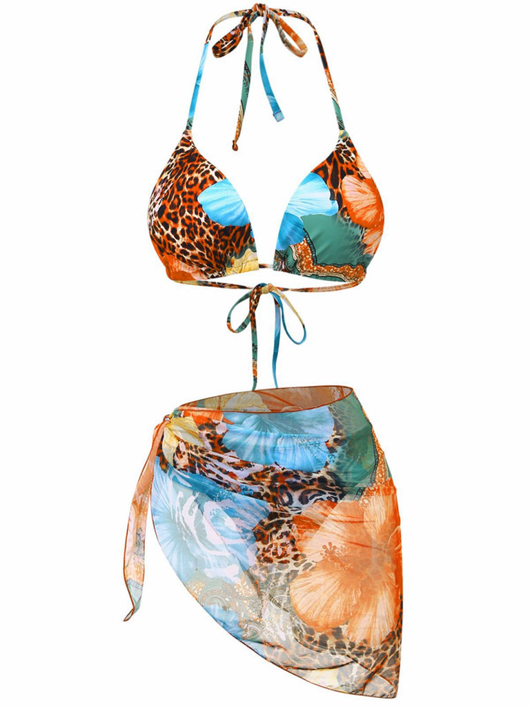 Ensemble bikini licou fleurs léopard et paréo 1950s