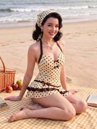 Maillot de bain jaune col licou à pois années 40