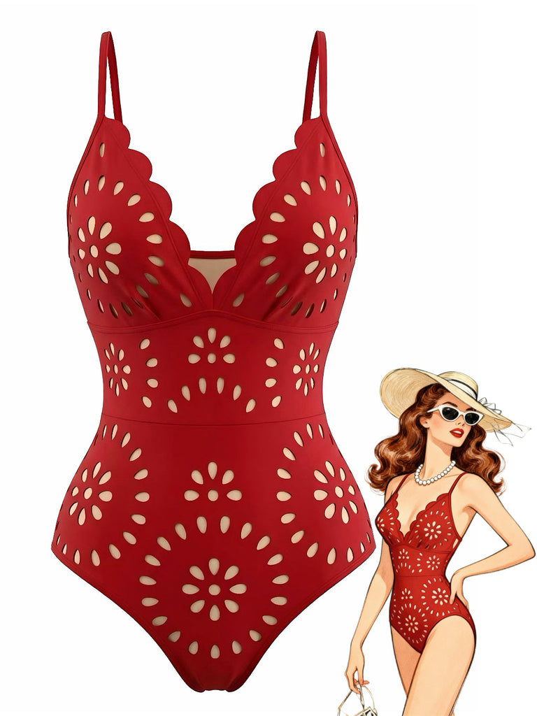 Rouge Uni Dévoré Petal Collar Maillot de Bain Années 1950
