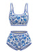 Ensemble Bikini Rose Col Rond Floral Taille Haute Années 1950