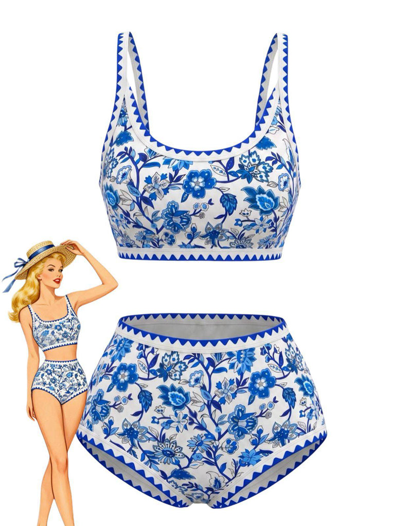Ensemble Bikini Rose Col Rond Floral Taille Haute Années 1950