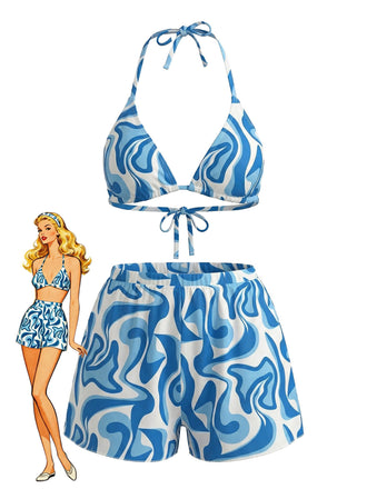 Abstrait Imprimé Halter Ensemble Bikini & Cache-Maillot Années 1940