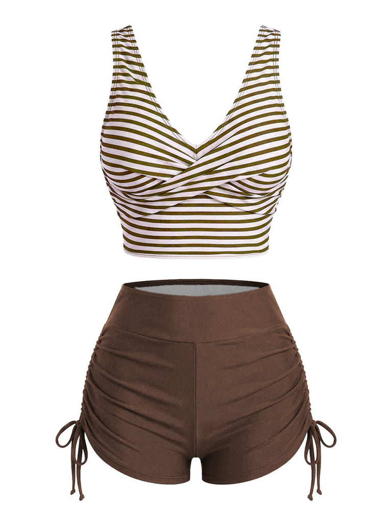 Tankini vert rayé cordon croisé années 1950