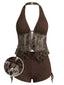 Ensemble tankini marron dos nu maille transparente brodée années 60