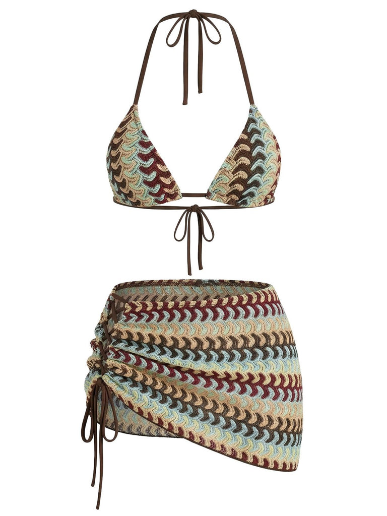 Multicolore Bohème Halter Ensemble Bikini & Cache-Maillot Années 1970 2