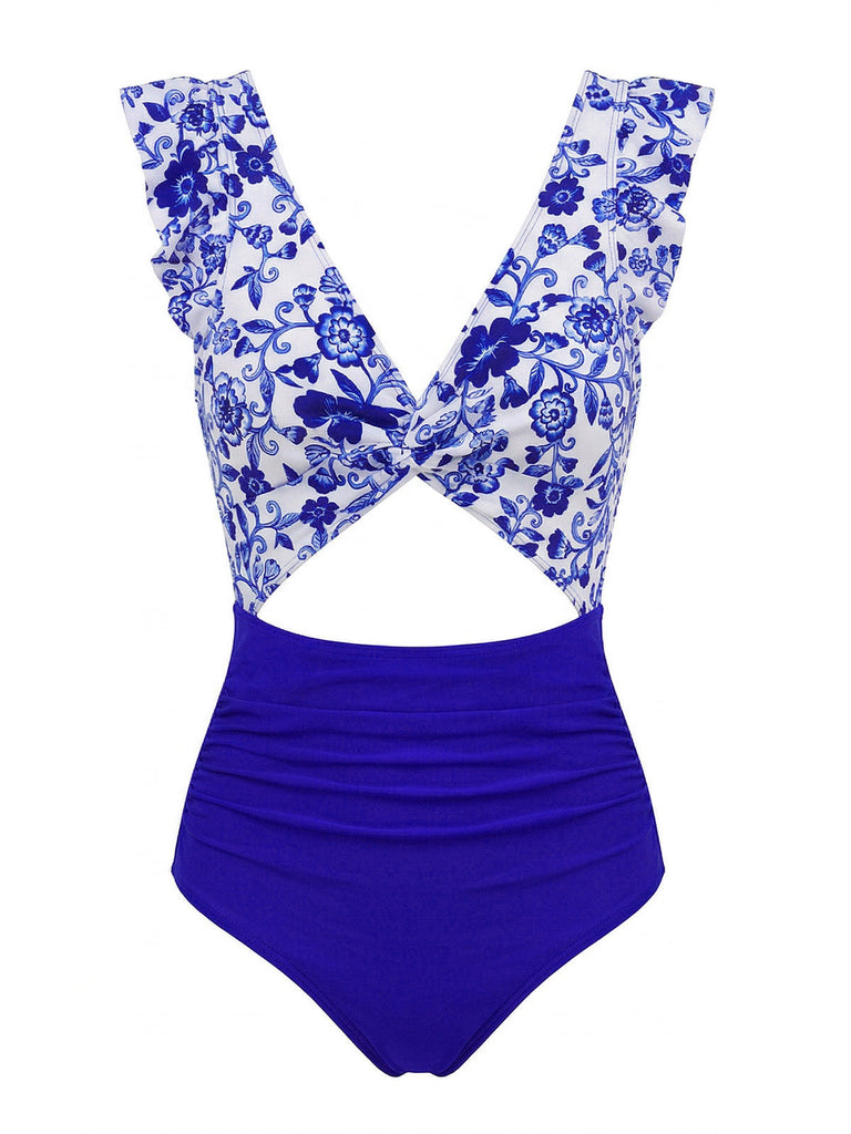Bleu Foncé Porcelaine Blocs de Couleur Maillot de Bain Une Pièce Années 1970
