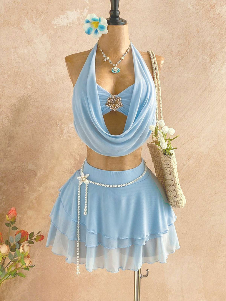 2PCS Haut bleu clair dos nu et jupe années 80