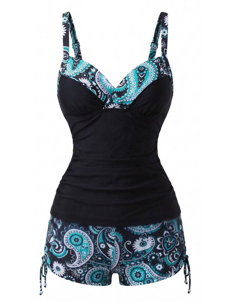 Tankini Vert bohème col V bretelles années 70