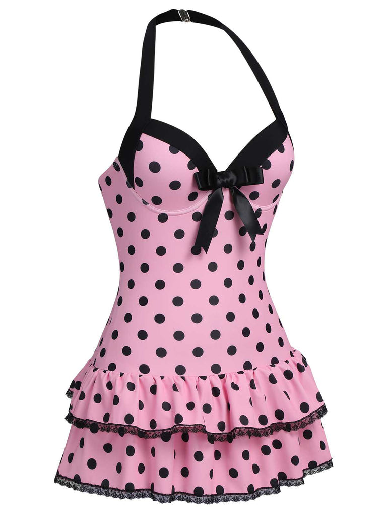 Maillot de bain une pièce noir à pois et nœud des années 1940