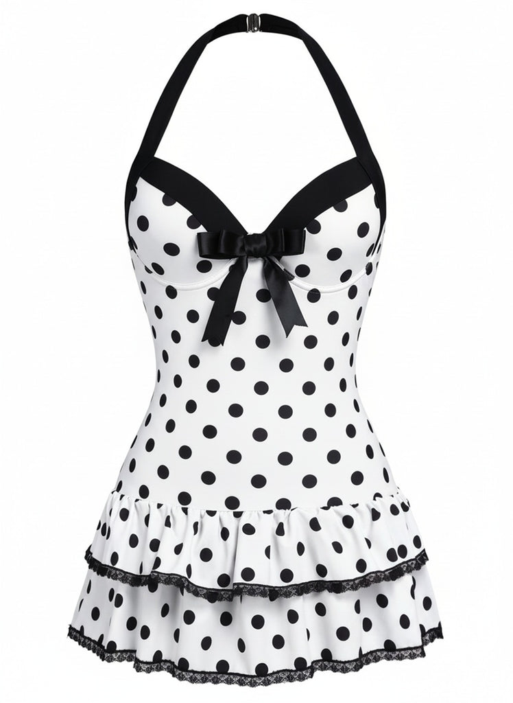 Maillot de bain une pièce noir à pois et nœud des années 1940