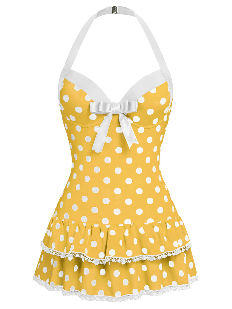 Maillot de bain une pièce rose à pois et nœud des années 1940