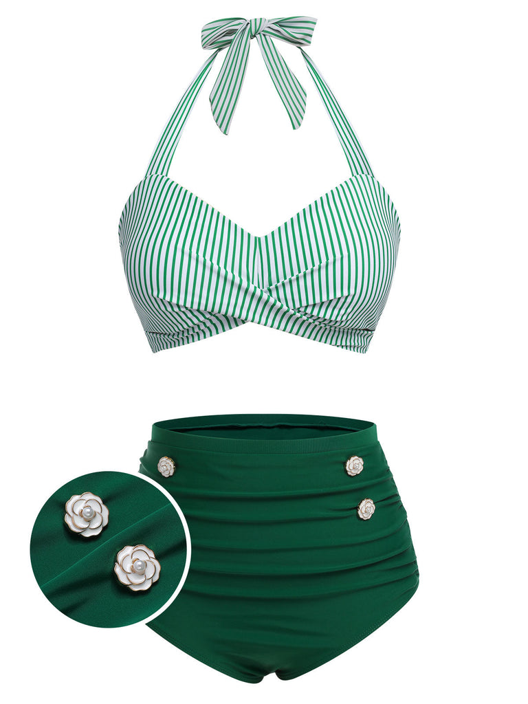 Ensemble de maillot de bain dos nu rayé rouge et bleu années 1940