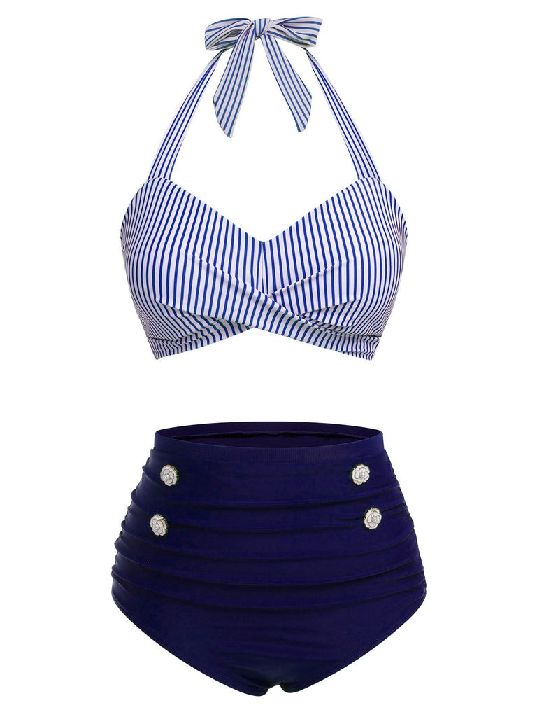 Ensemble de maillot de bain dos nu rayé rouge et bleu années 1940