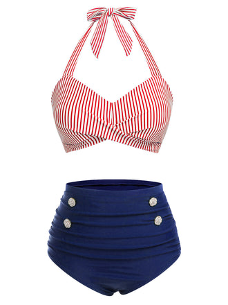 Ensemble de maillot de bain dos nu rayé rouge et bleu des années 1940