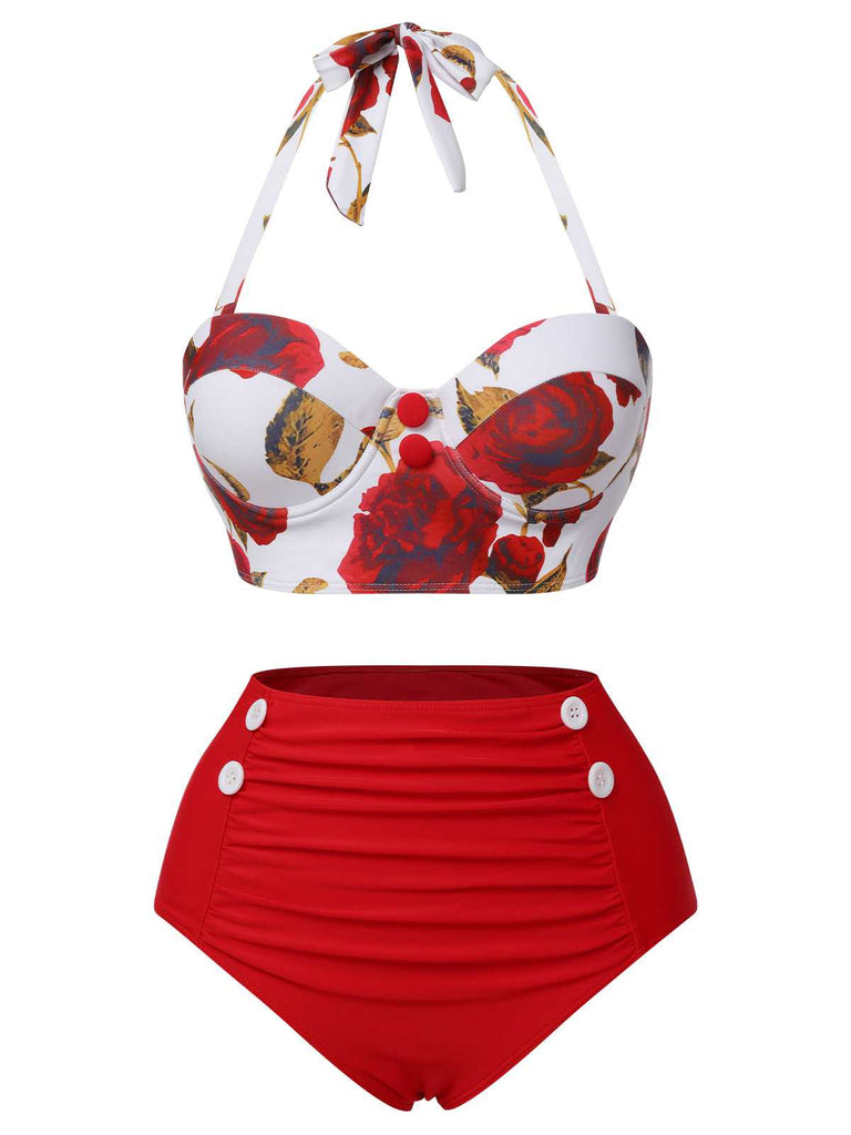 2PCS Maillot de bain licou roses et jupe cache-maillot rouges des années 1960