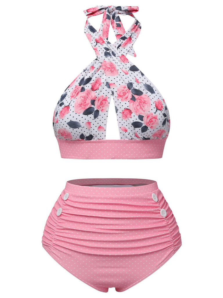 Maillot de Bain licou croisé à fleurs bleu des années 1940