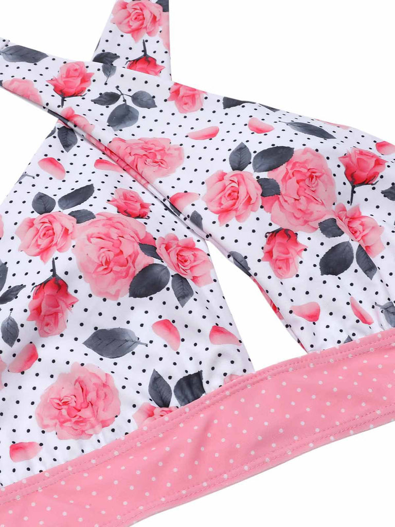 Maillot de bain rose à col croisé et imprimé floral des années 1940