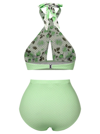 Maillot de bain vert à col croisé et imprimé floral des années 1940
