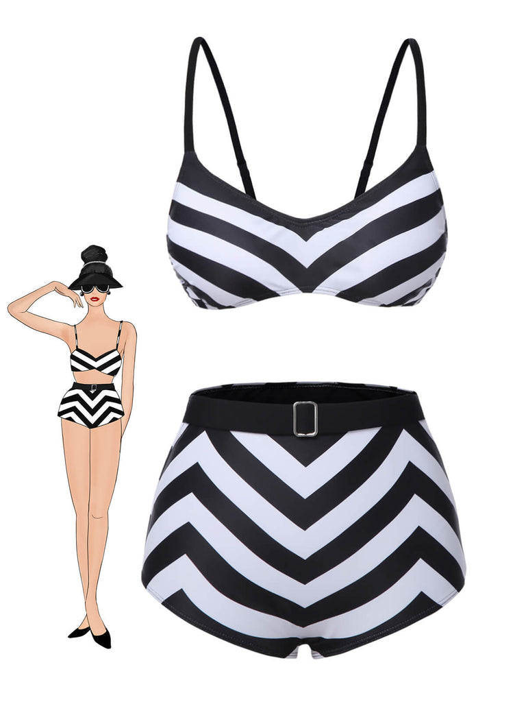 Maillot de bain noir à rayures fines des années 1950