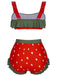 Maillot de bain rouge à bretelles à volants et fraises des années 1950
