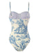 Maillot de bain une pièce à bretelles fines florales bleu des années 1950