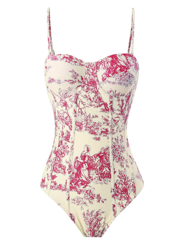 Maillot de bain une pièce à bretelles fines florales à l'encre des années 1950